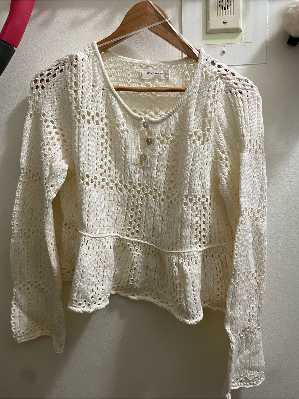 Lucky Brand Cream Open-Knit Henley Peplum Sweater